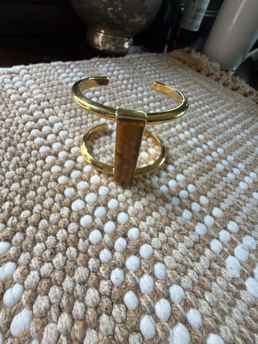 Ann Taylor Gold-Tone Tiger's Eye Stone Open Double Band Cuff Bracelet